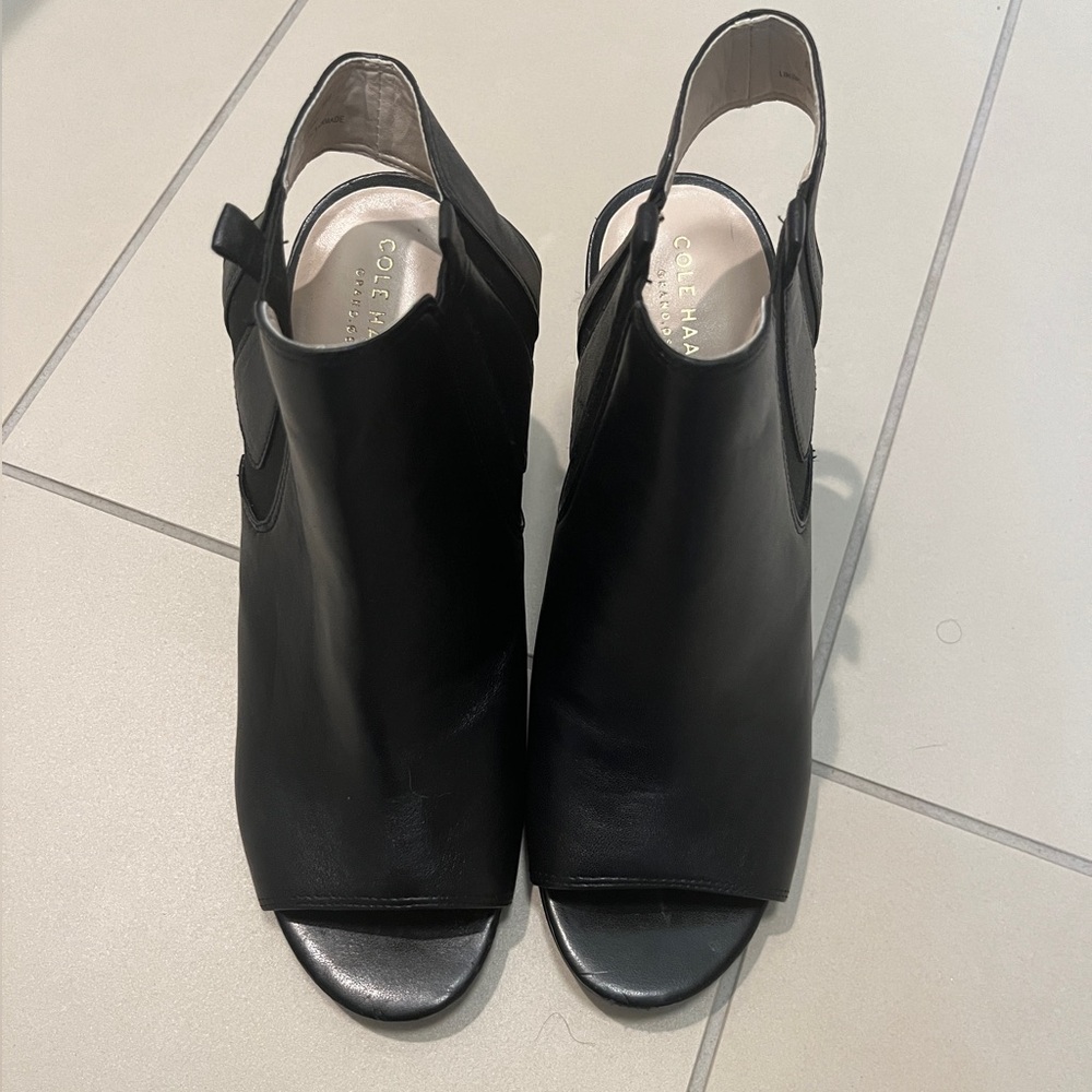 Black leather Cole Haan peep toe booties, sz 8.5